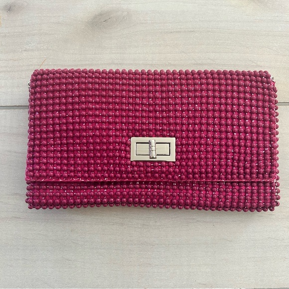 BCBGMaxAzria Handbags - NWT BCBGMaxAzria Pink Beaded Silver Chain Strap Clutch Handbag